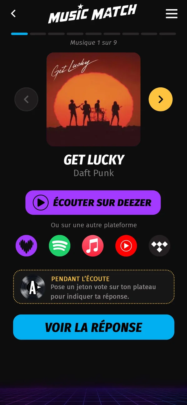 Écran de lecture d'une musique pendant la partie