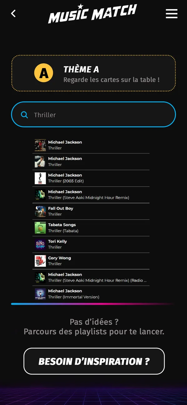 Écran de recherche d'une musique dans l'app MusicMatch