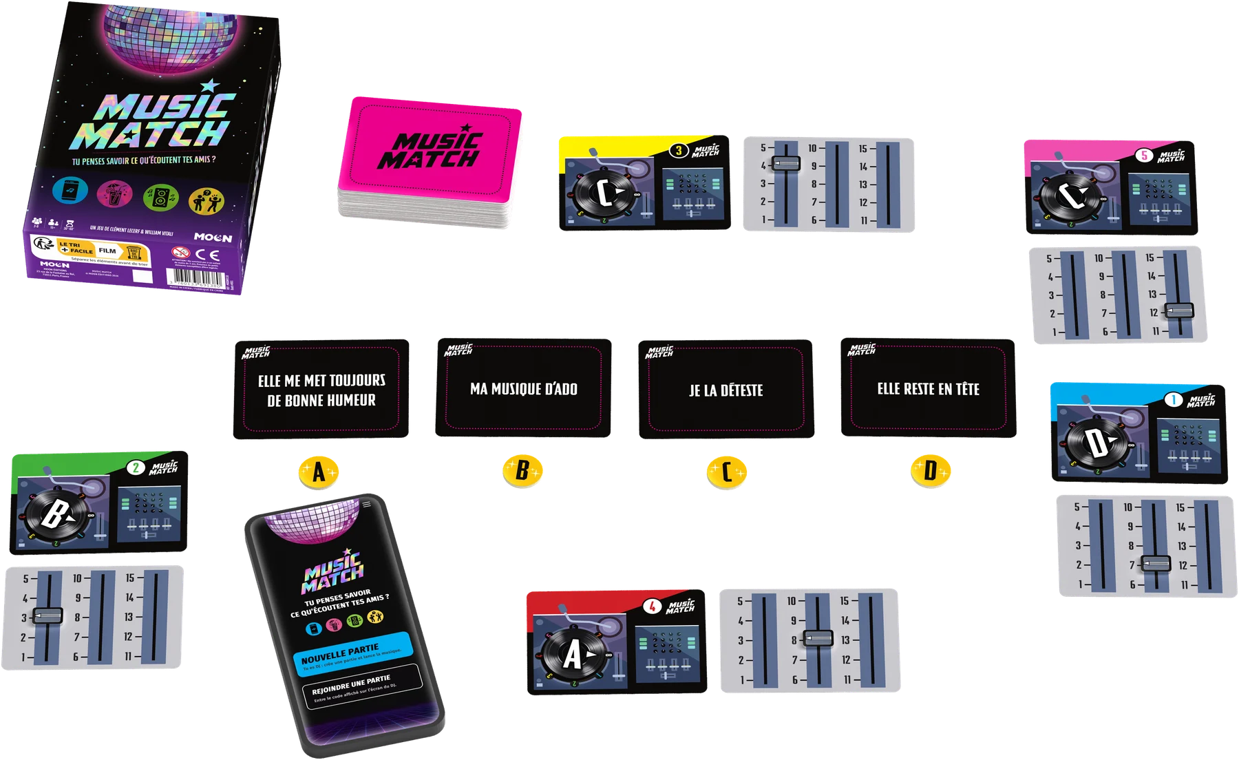 Mise en place d'une partie de MusicMatch : cartes Thème, cartes Vote et Score, jetons et smartphone avec l'application